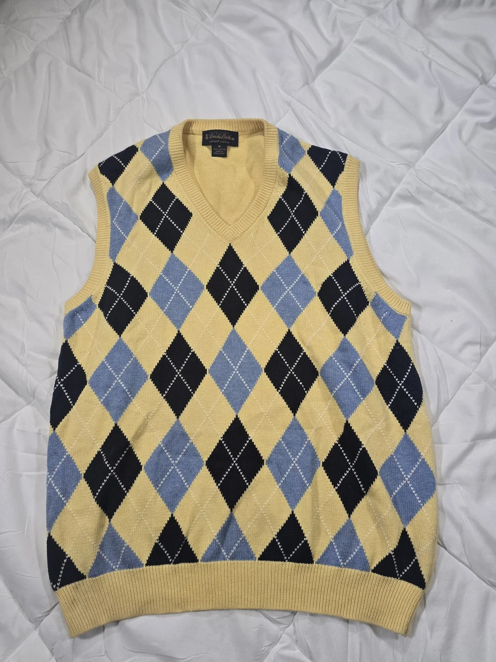 Brooks Brothers Yellow, Blue & Black Argyle V-Neck Sweater Vest